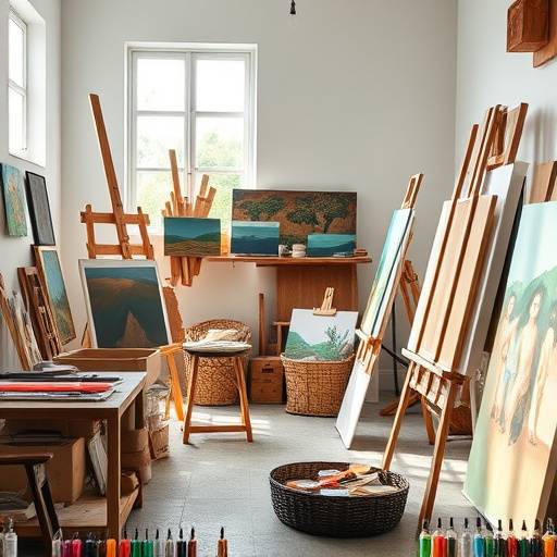 Artista trabajando en su estudio con lienzos y materiales