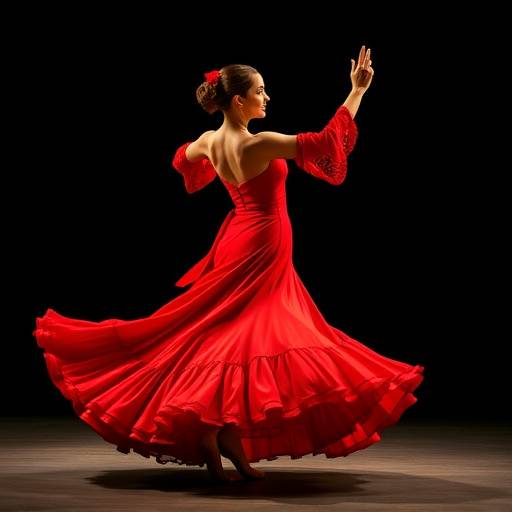 Bailaora con un vestido rojo vibrante realizando un giro elegante.