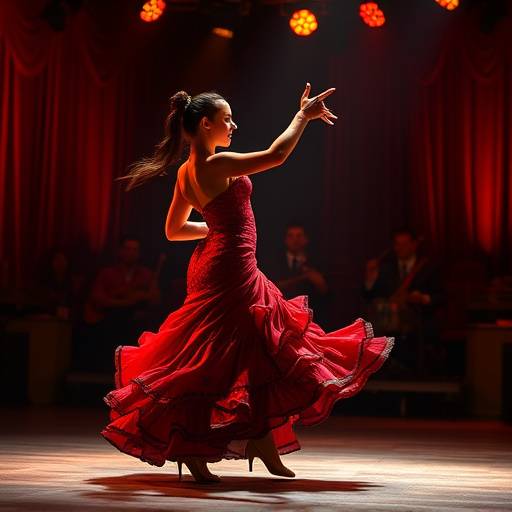 Bailaora de flamenco en un escenario vibrante, con movimiento y pasi칩n.