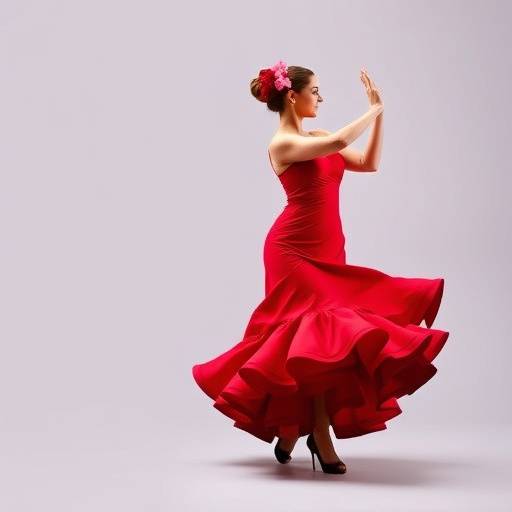 Bailarina de flamenco con vestido rojo vibrante en pleno movimiento