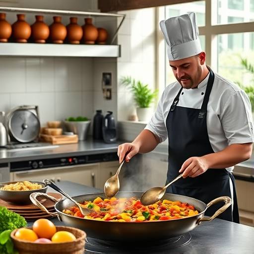 Chef ense&radic;&plusmn;ando a preparar paella en una cocina luminosa