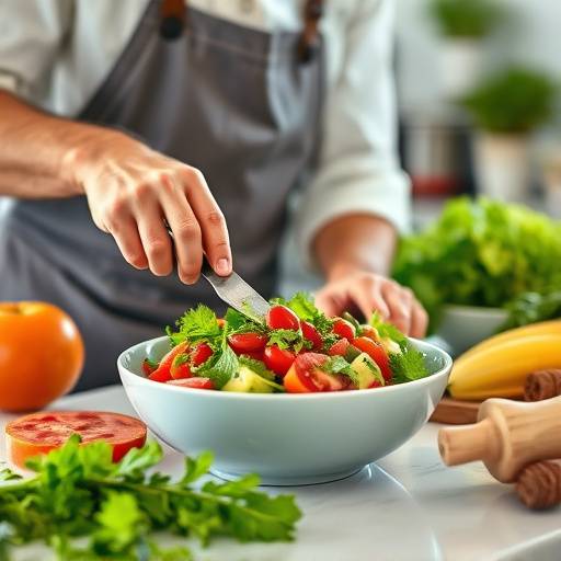 Chef preparando ensalada fresca con ingredientes mediterr&aacute;neos