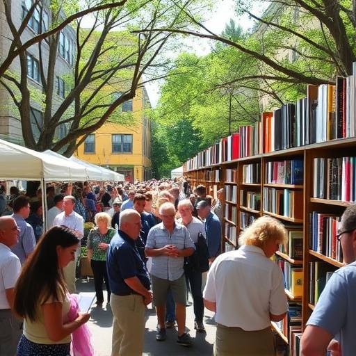 Estanter칤as llenas de libros en una feria literaria al aire libre.