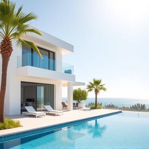Fachada moderna de una villa blanca con piscina y palmeras en la costa espa&ntilde;ola