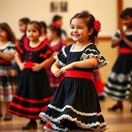 Grupo de ni&radic;&plusmn;os sonrientes vestidos de flamenco practicando pasos de baile