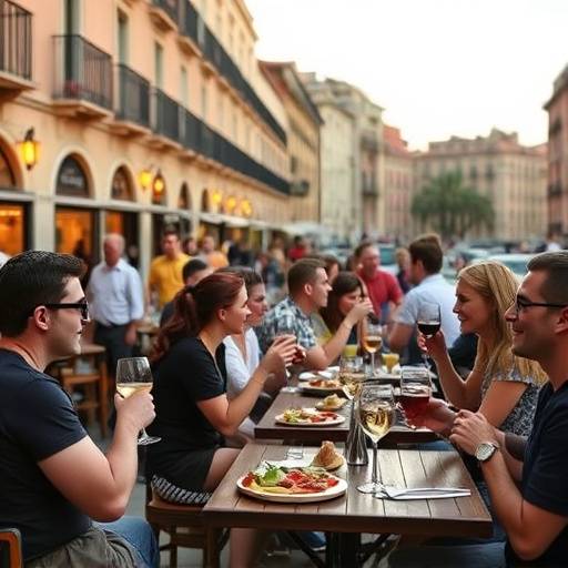 Imagen de un grupo disfrutando de tapas y vino en una terraza animada de Barcelona.