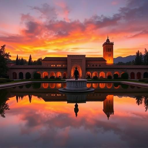 La Alhambra de Granada al atardecer, con sus torres y patios iluminados, reflej&aacute;ndose en un estanque.