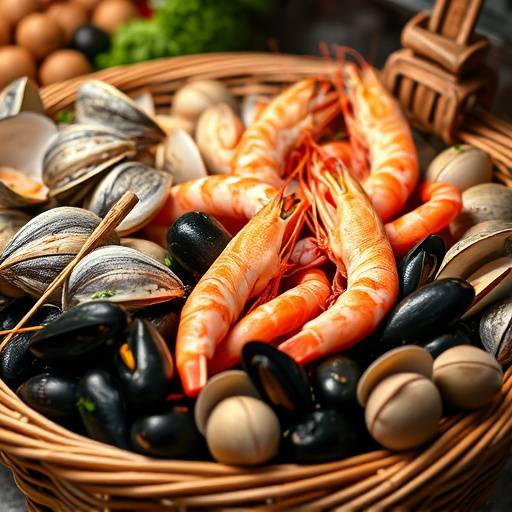 Mariscos frescos en una cesta: gambas, mejillones y almejas