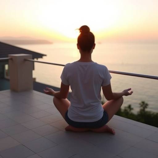 Persona meditando en una terraza con vistas al mar al amanecer