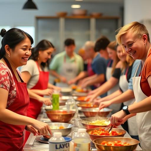 Personas sonriendo mientras cocinan juntas en una clase