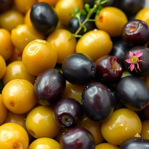 Plato de aceitunas variadas, verdes y negras, con ali&ntilde;os