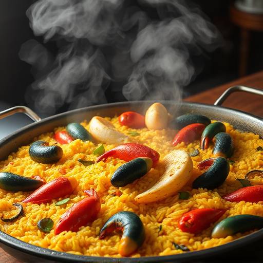 Plato humeante de Paella Valenciana con arroz dorado, mariscos y verduras frescas, servido en una paellera tradicional.