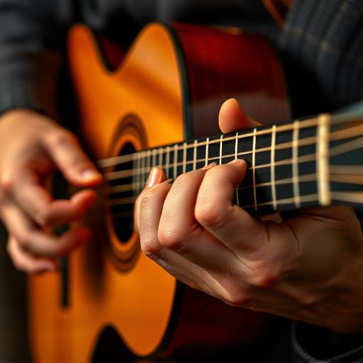 Primer plano de las manos de un guitarrista flamenco tocando la guitarra.
