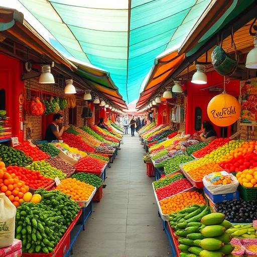 Puestos coloridos de un mercado local con frutas, verduras y productos frescos