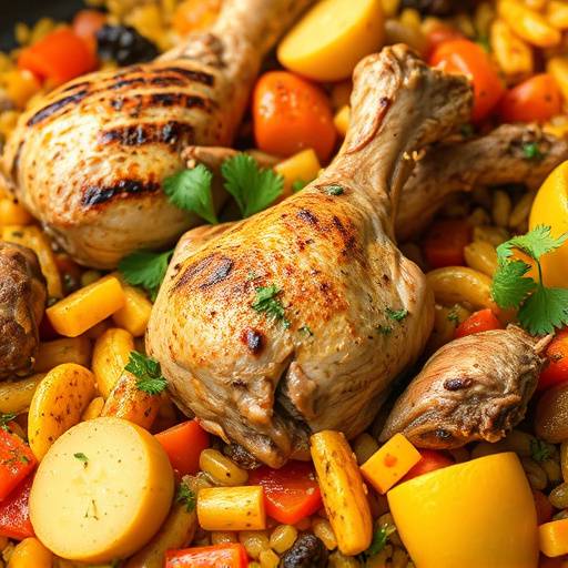 Un plato de paella valenciana con pollo, conejo y verduras