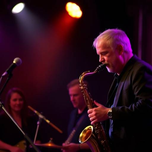 Un saxofonista tocando apasionadamente en un concierto de jazz.