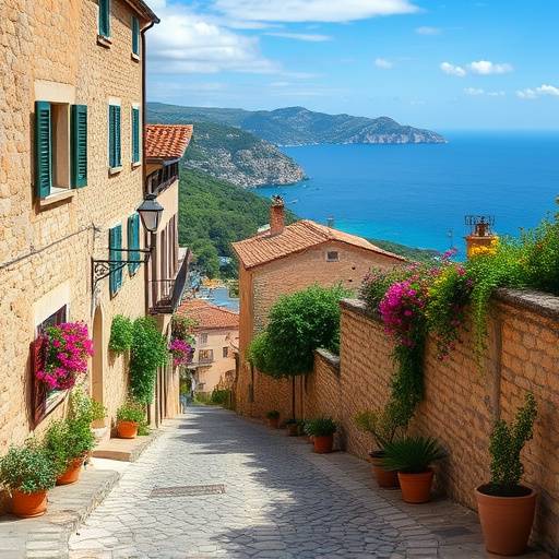 Una calle estrecha y empedrada en un pueblo de monta&ntilde;a de Mallorca, con flores en los balcones y vistas al mar al fondo.