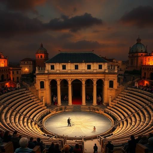 Una escena teatral cl치sica representada en un anfiteatro romano.