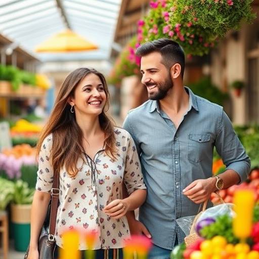 Una pareja sonriendo mientras pasea por un mercado local espa&ntilde;ol, rodeados de frutas frescas y flores vibrantes.