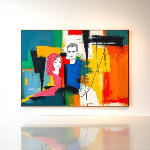 Una pintura abstracta y colorida en una sala de museo moderna.
