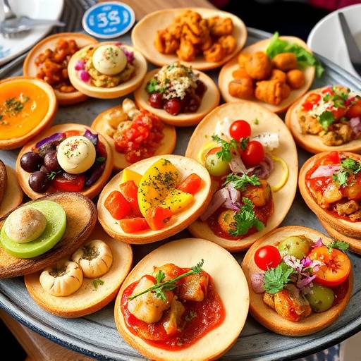 Variedad de tapas coloridas y apetitosas, incluyendo gambas al ajillo, patatas bravas y jam&oacute;n ib&eacute;rico.