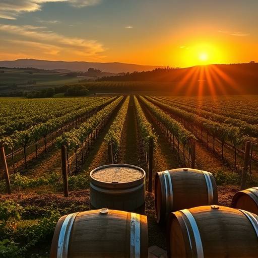 Vi&radic;&plusmn;edos en La Rioja al atardecer con barriles de vino
